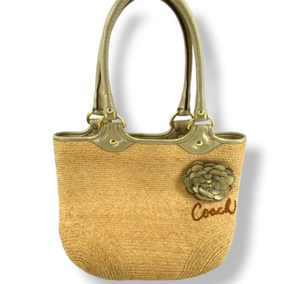 Coach Handbags - Coach Bleecker Floral Embellished Beige Straw Tote Bag